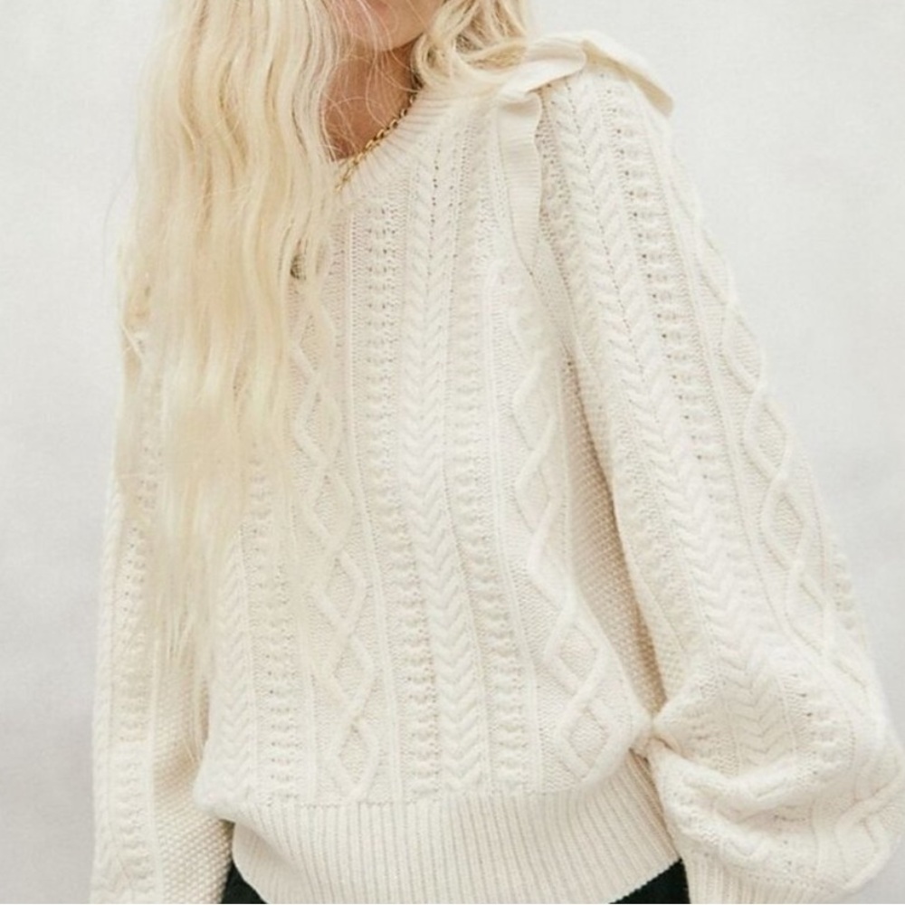 Madewell Hollydene Cream Cableknit Sweater with Shoulder Ruffles Small